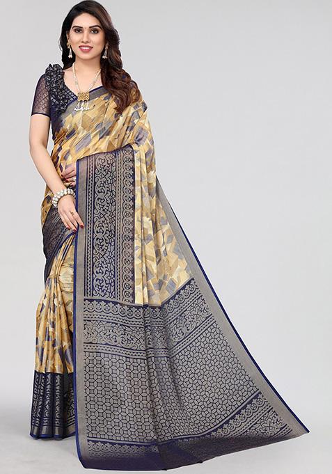 Navy Blue Printed Chiffon Brasso Saree Set