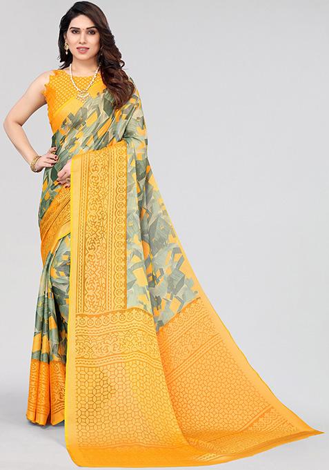 Mustard Printed Chiffon Brasso Saree Set