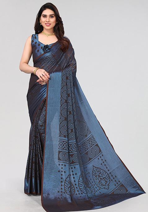 Black Printed Chiffon Brasso Saree Set