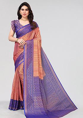 Royal Blue Printed Chiffon Brasso Saree Set