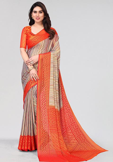 Red Printed Chiffon Brasso Saree Set