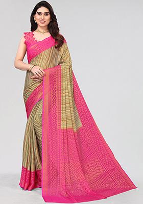 Pink Printed Chiffon Brasso Saree Set
