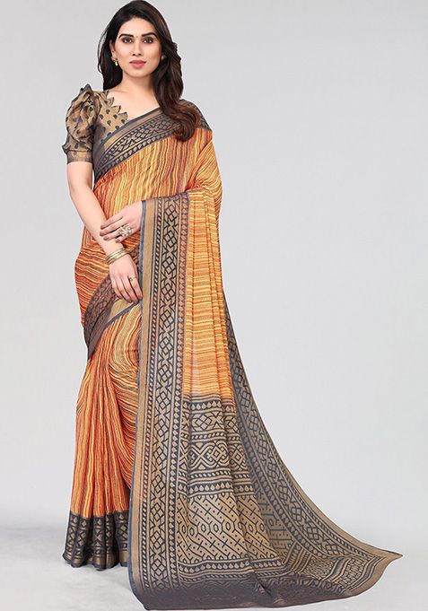 Grey Printed Chiffon Brasso Saree Set