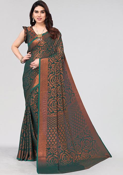 Bottle Green Printed Chiffon Brasso Saree Set