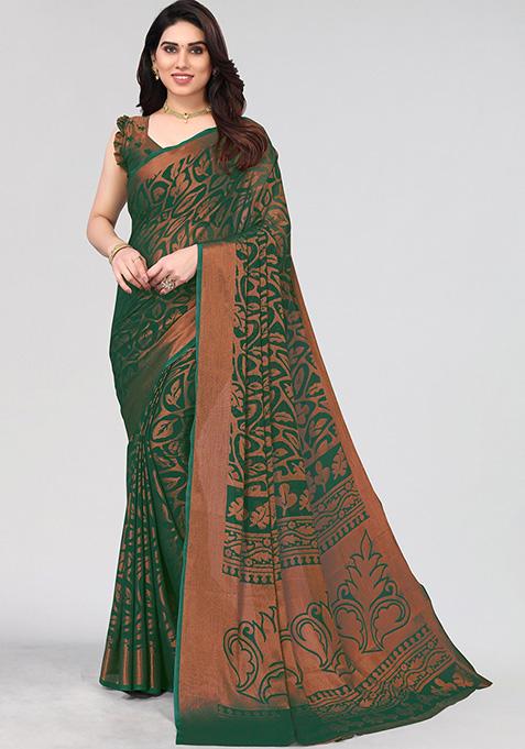 Bottle Green Printed Chiffon Brasso Saree Set