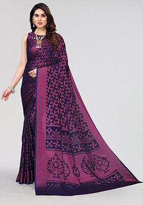 Navy Blue Printed Chiffon Brasso Saree Set