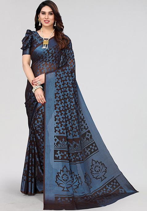 Black Printed Chiffon Brasso Saree Set