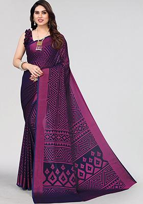 Navy Blue Printed Chiffon Brasso Saree Set