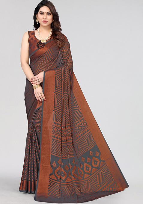 Grey Printed Chiffon Brasso Saree Set