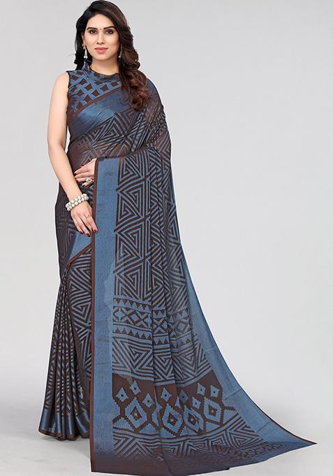 Black Printed Chiffon Brasso Saree Set