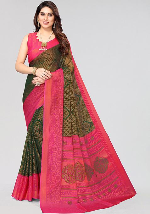 Bottle Green Printed Chiffon Brasso Saree Set