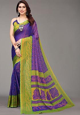 Royal Blue Printed Chiffon Brasso Saree Set