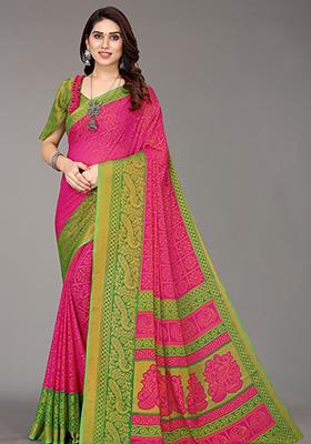 Pink Printed Chiffon Brasso Saree Set
