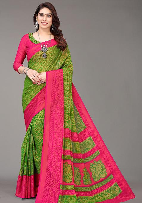 Light Green Printed Chiffon Brasso Saree Set