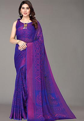 Royal Blue Printed Chiffon Brasso Saree Set