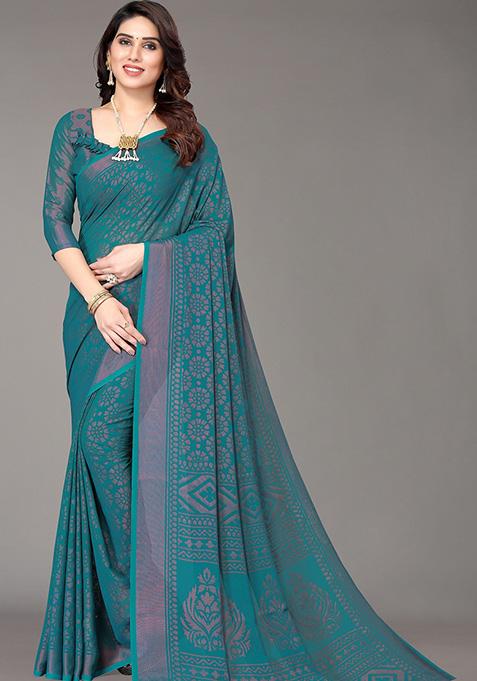 Rama Green Printed Chiffon Brasso Saree Set