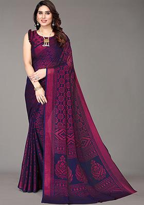 Navy Blue Printed Chiffon Brasso Saree Set