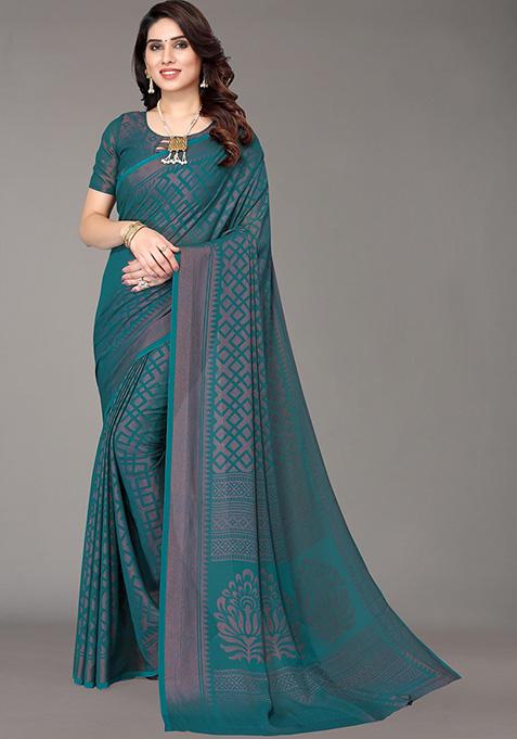 Rama Green Printed Chiffon Brasso Saree Set