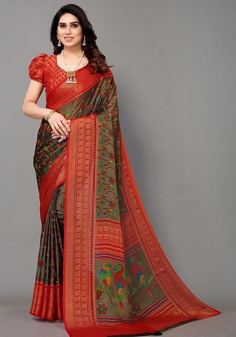 Black And Red Printed Chiffon Brasso Saree Set