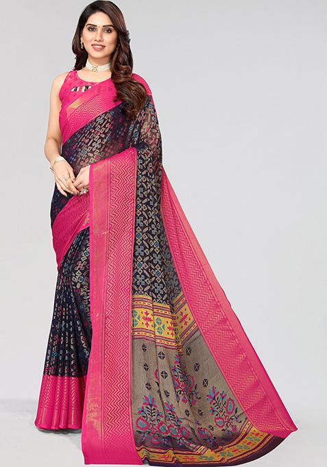 Navy Blue Printed Chiffon Brasso Saree Set