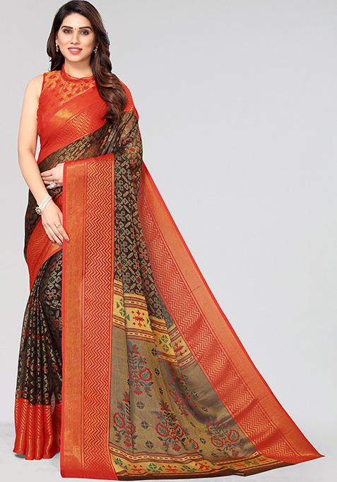 Black Printed Chiffon Brasso Saree Set