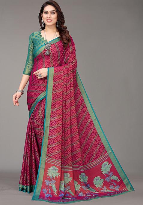 Magenta Printed Chiffon Brasso Saree Set