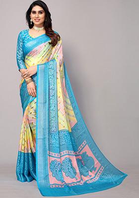 Sky Blue Printed Chiffon Brasso Saree Set