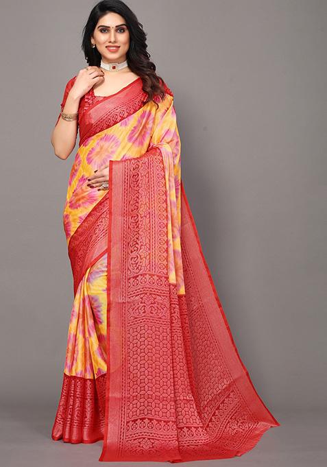 Red Printed Chiffon Brasso Saree Set