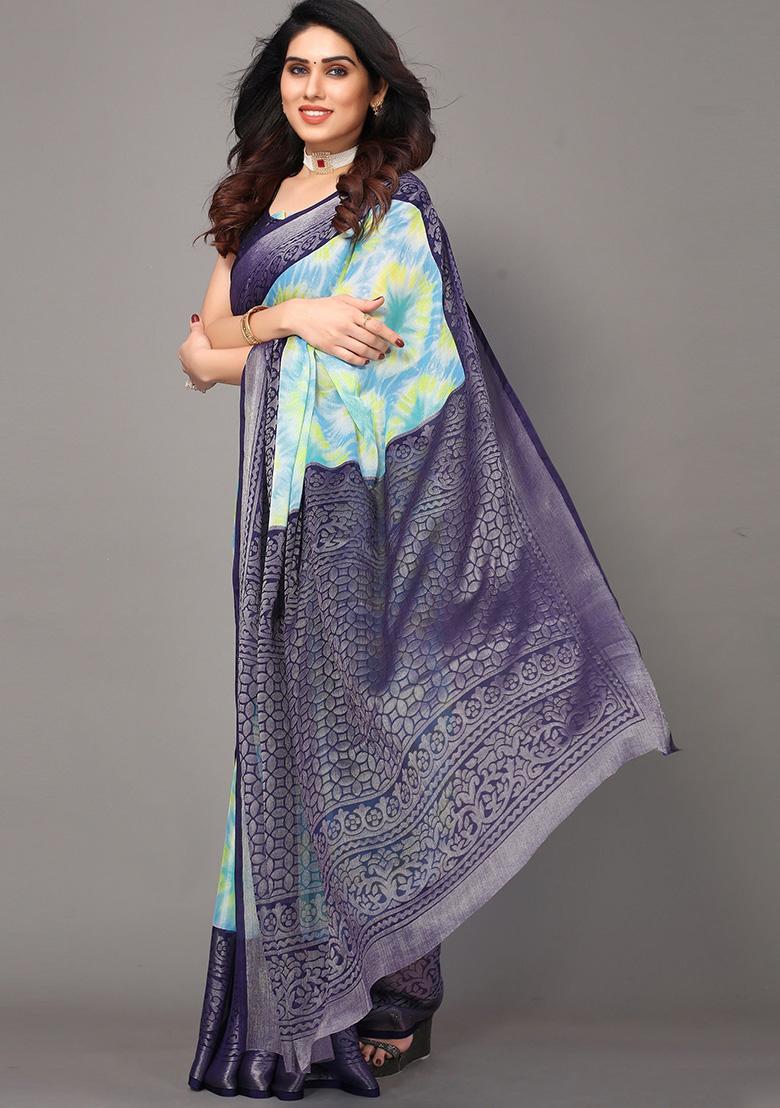 Navy Blue Printed Chiffon Brasso Saree Set - Indya