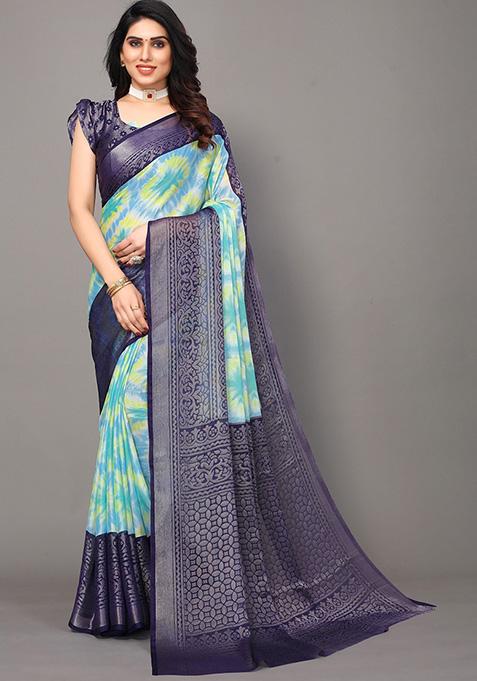 Navy Blue Printed Chiffon Brasso Saree Set