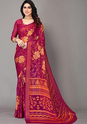 Rani Pink Printed Chiffon Brasso Saree Set