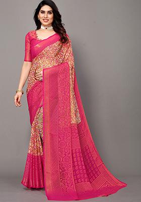 Pink Printed Chiffon Brasso Saree Set