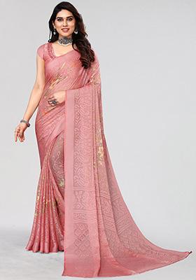 Peach Printed Chiffon Brasso Saree Set