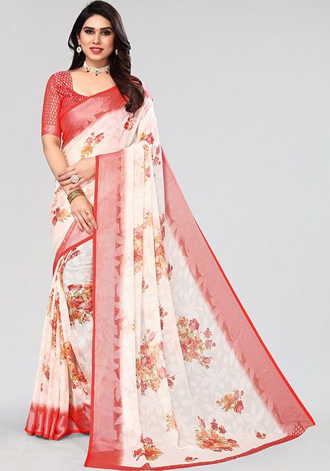 White And Red Printed Chiffon Brasso Saree Set