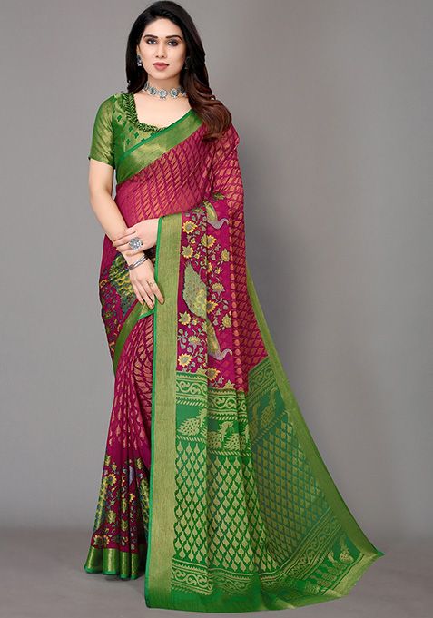 Magenta Printed Chiffon Brasso Saree Set