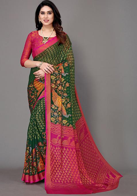 Bottle Green Printed Chiffon Brasso Saree Set