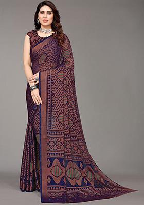 Navy Blue Printed Chiffon Brasso Saree Set
