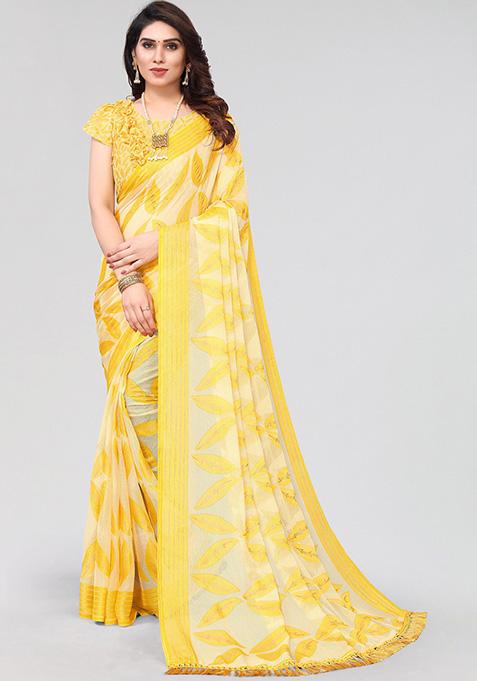 Yellow And White Printed Chiffon Brasso Saree Set