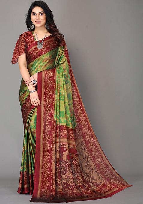 Red And Light Green Printed Chiffon Saree Set