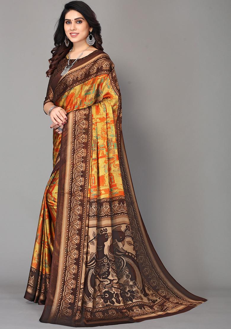 Brown And Orange Printed Chiffon Saree Set - Indya