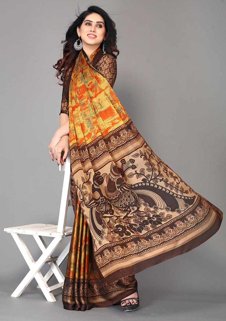 Brown And Orange Printed Chiffon Saree Set - Indya