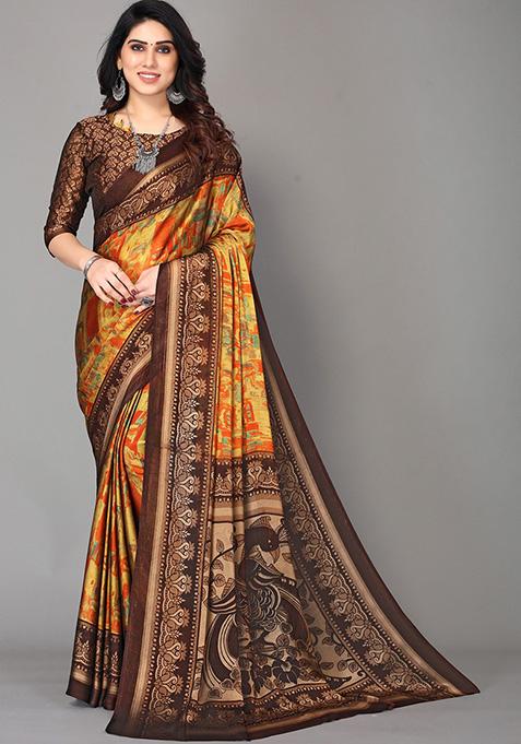 Brown And Orange Printed Chiffon Saree Set