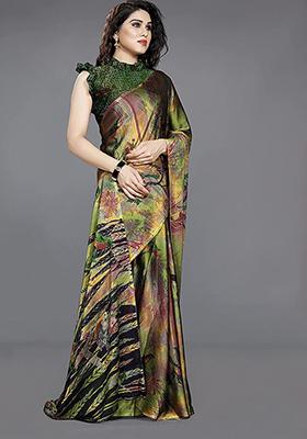 Green Printed Chiffon Saree Set