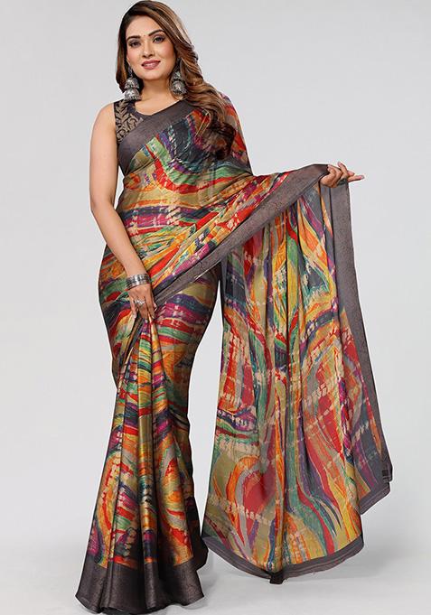 Black Printed Chiffon Saree Set