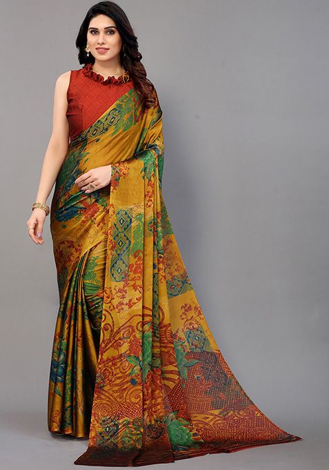 Yellow Printed Chiffon Saree Set