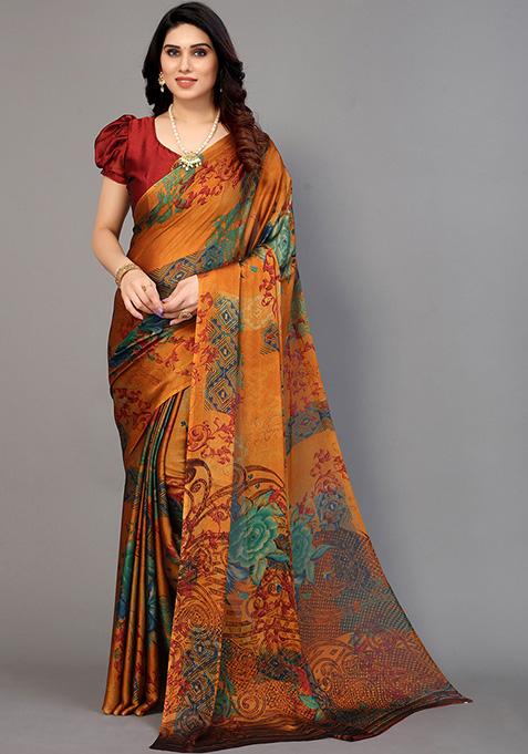 Orange Printed Chiffon Saree Set