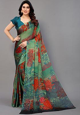 Green Printed Chiffon Saree Set