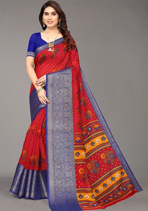 Red Woven Banarasi Silk Saree Set