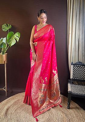 Pink Woven Paithani Silk Saree Set