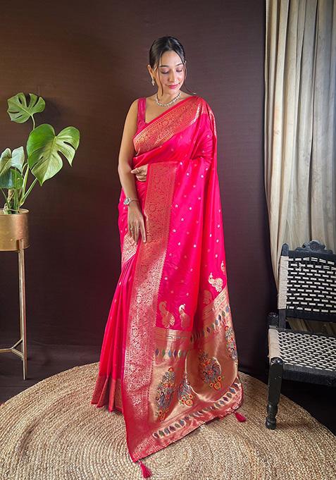 Pink Woven Paithani Silk Saree Set